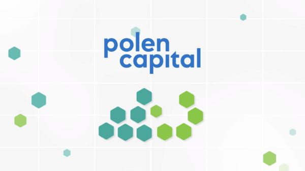 The image shows the "Polen Capital" logo in blue text above a pattern of blue and green hexagons on a white grid background.